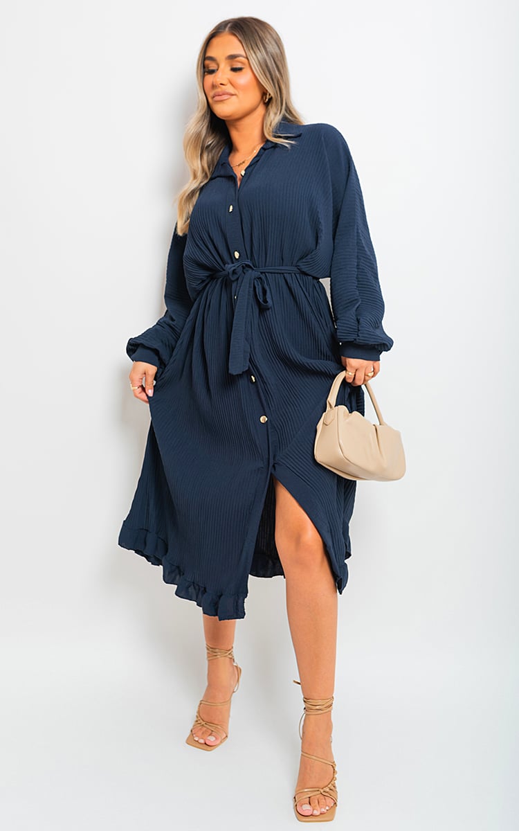 FREYA Pleated Frill Button Tie Waist Midi Dress