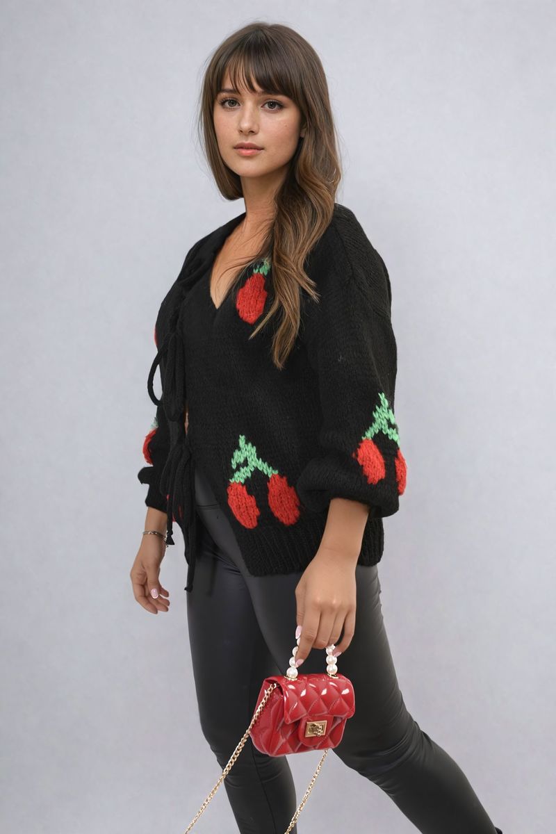 GISELLE Tie Front Cherry Print Knitted Cardigan