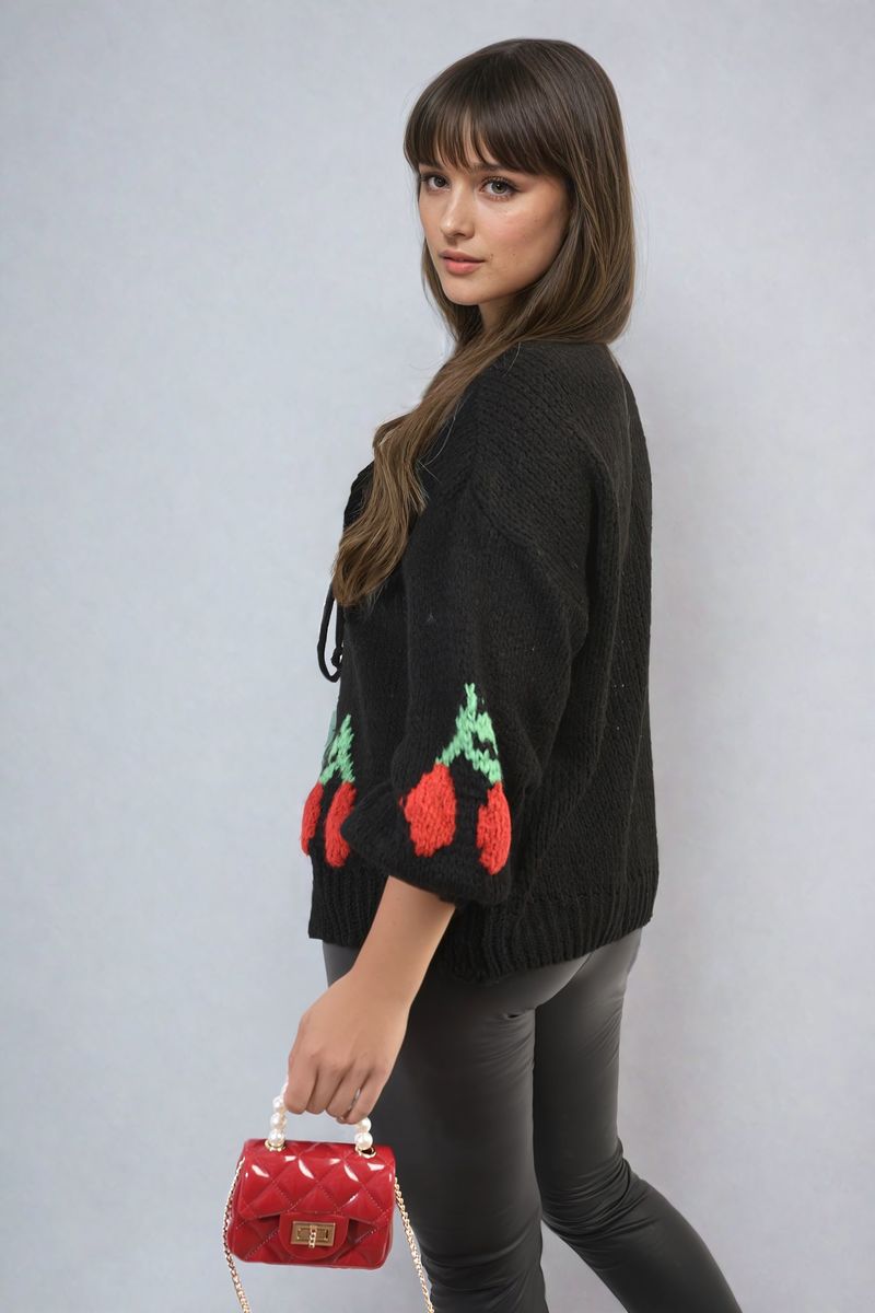 GISELLE Tie Front Cherry Print Knitted Cardigan