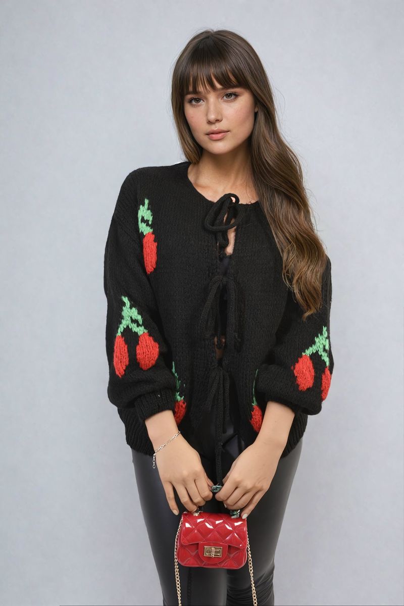 GISELLE Tie Front Cherry Print Knitted Cardigan