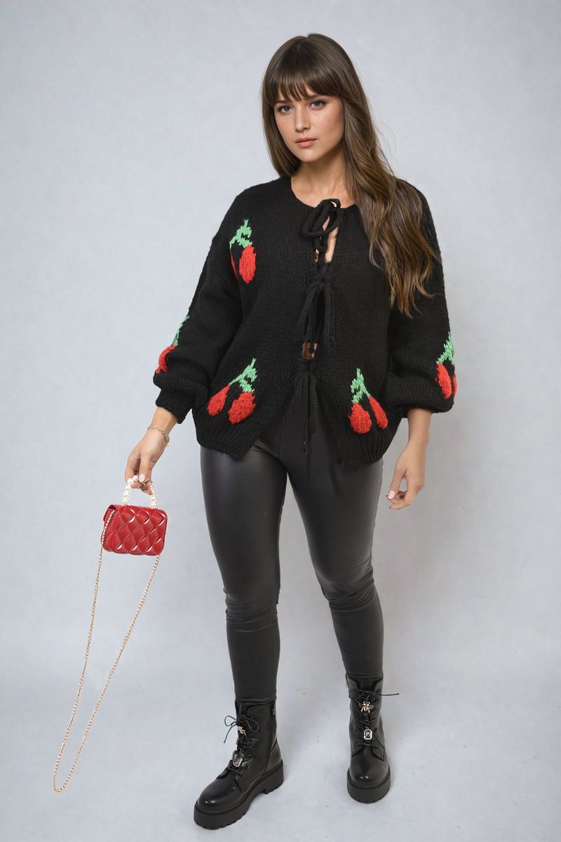 GISELLE Tie Front Cherry Print Knitted Cardigan