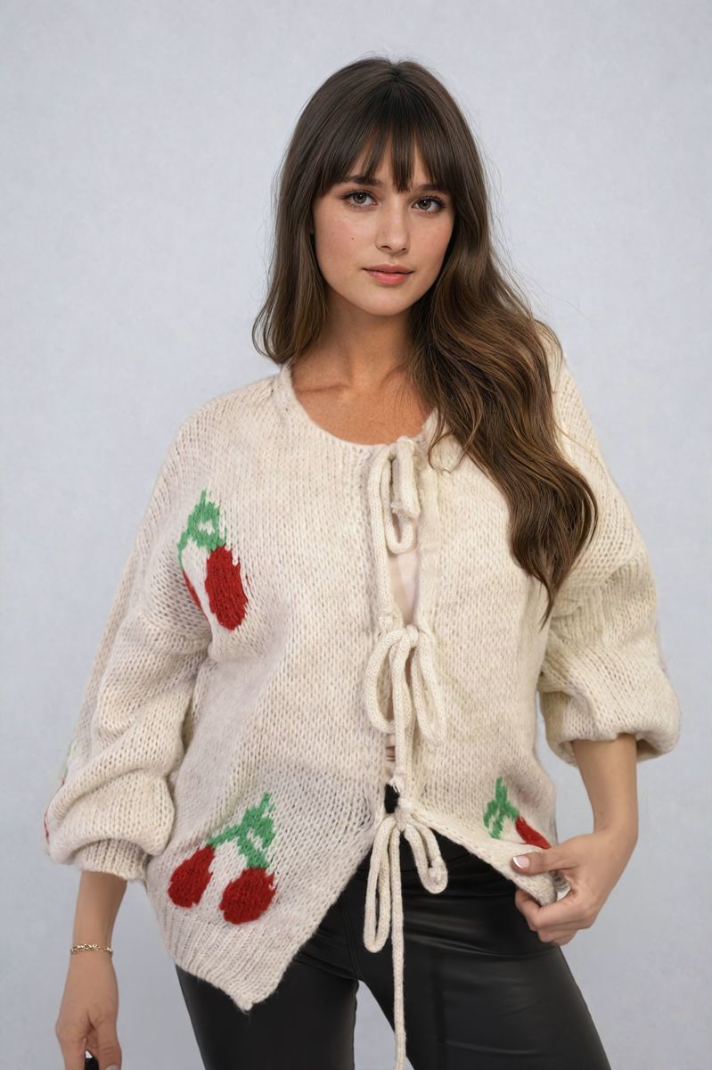 GISELLE Tie Front Cherry Print Knitted Cardigan