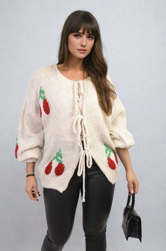 GISELLE Tie Front Cherry Print Knitted Cardigan