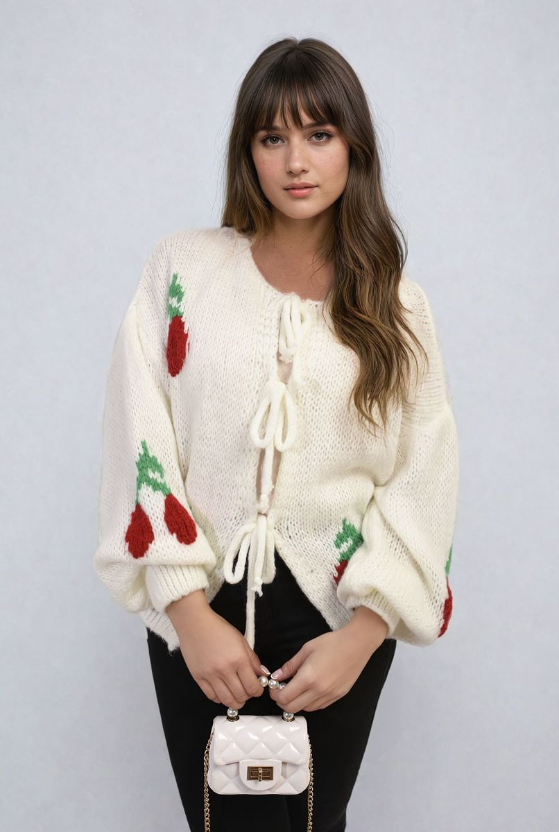 GISELLE Tie Front Cherry Print Knitted Cardigan