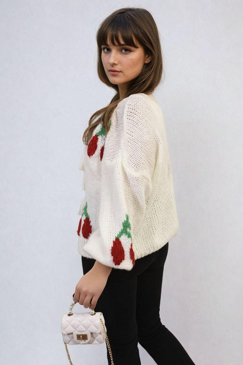 GISELLE Tie Front Cherry Print Knitted Cardigan