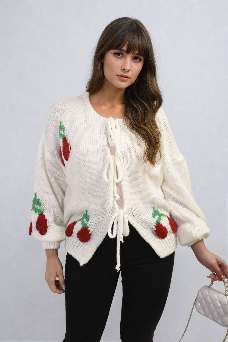 GISELLE Tie Front Cherry Print Knitted Cardigan