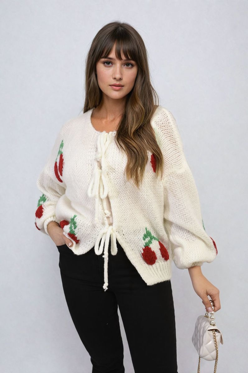 GISELLE Tie Front Cherry Print Knitted Cardigan