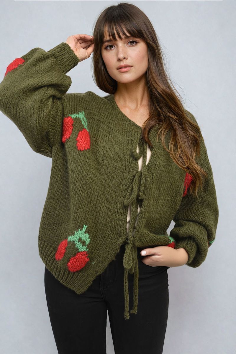 GISELLE Tie Front Cherry Print Knitted Cardigan