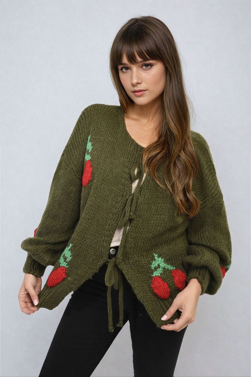 GISELLE Tie Front Cherry Print Knitted Cardigan