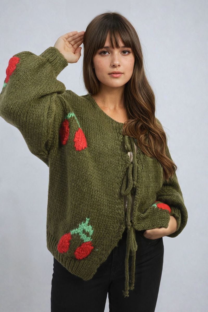 GISELLE Tie Front Cherry Print Knitted Cardigan