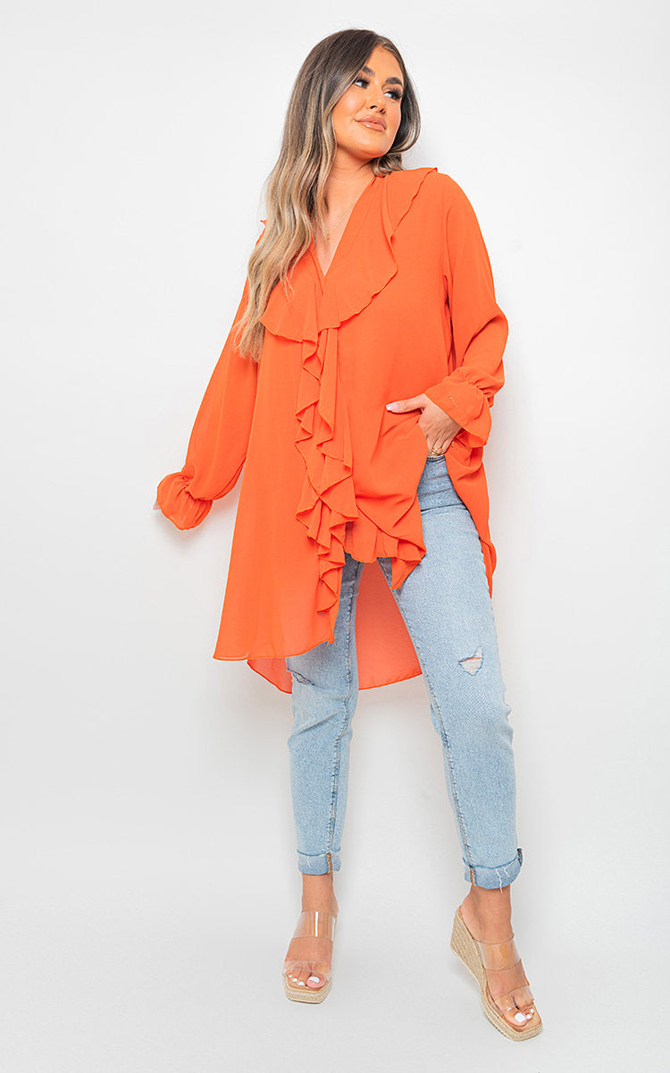 HANNAH Oversized Ruffle Long Sleeve Tops