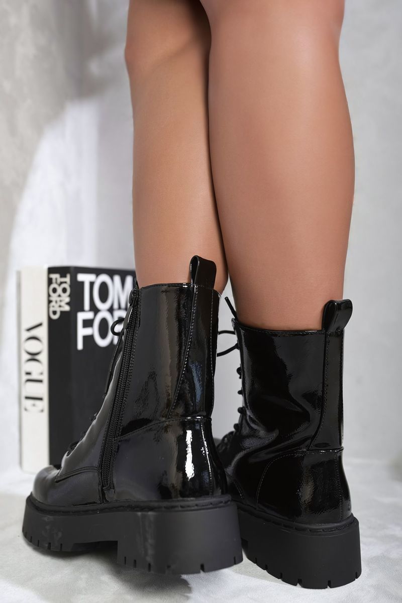 BAILEY Zip Lace Up Chunky Biker Boots with Decor Details