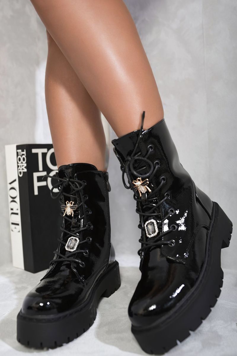 BAILEY Zip Lace Up Chunky Biker Boots with Decor Details