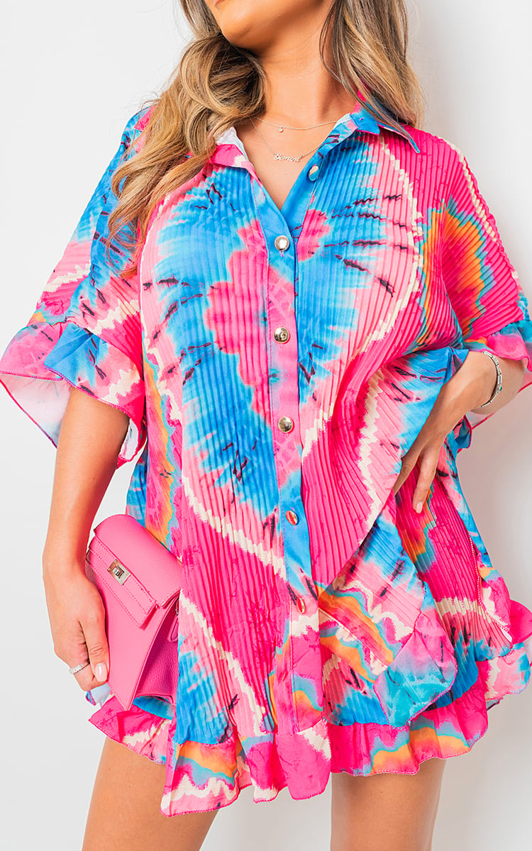 IZABELLA Tie-dye Pleated Patterened Shirt And Short Co-ord