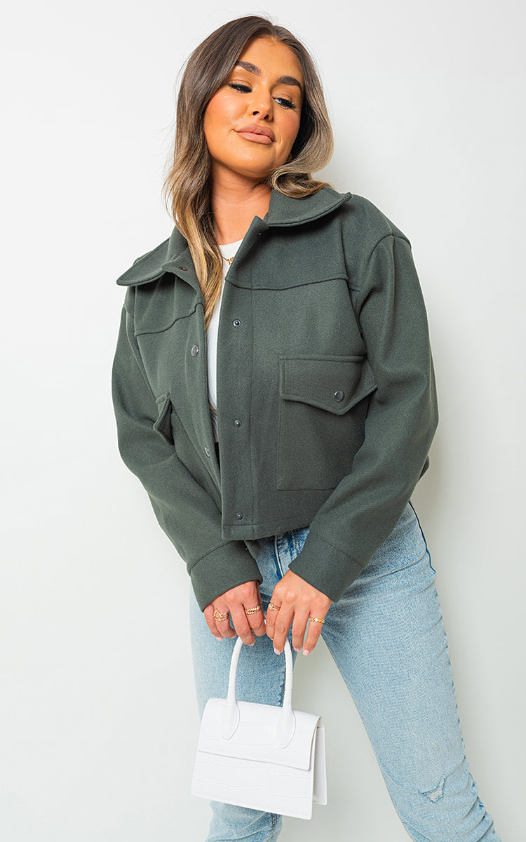 JADA Cropped Long Sleeve Collared Jacket with Pockets