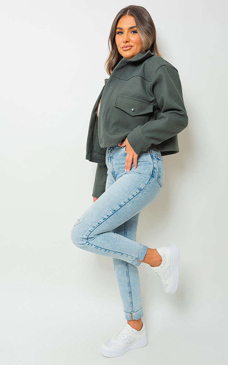 JADA Cropped Long Sleeve Collared Jacket with Pockets