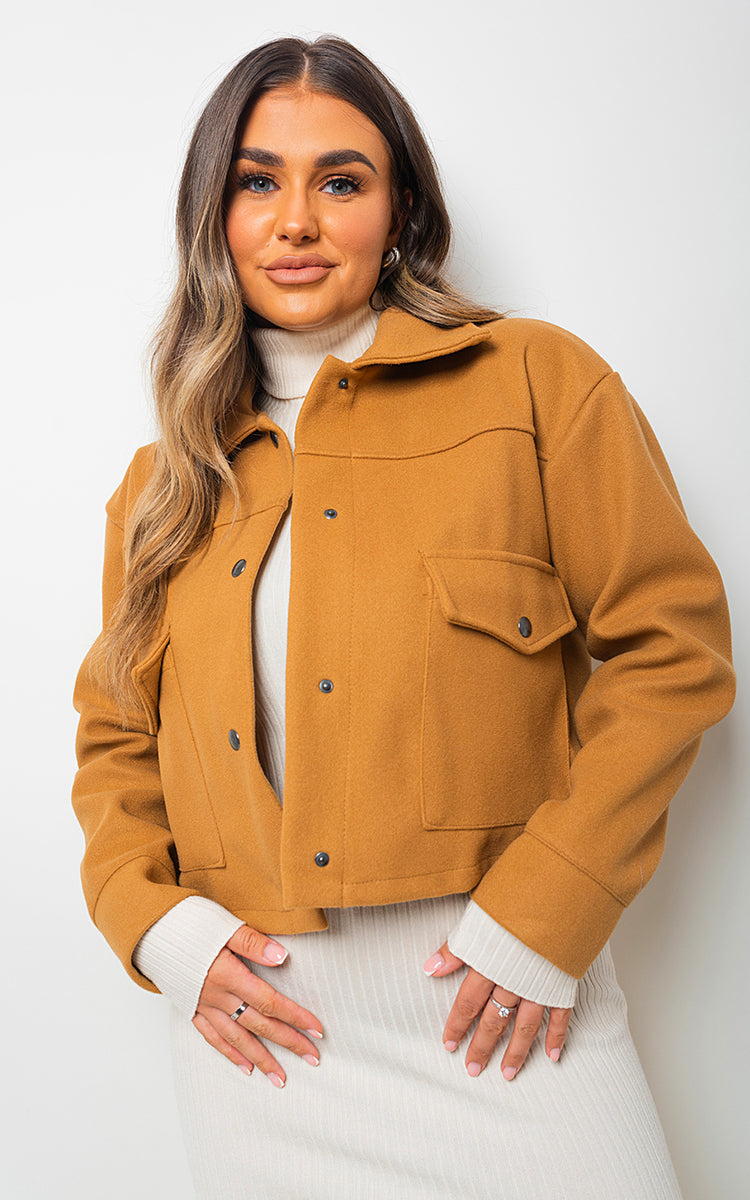 JADA Cropped Long Sleeve Collared Jacket with Pockets