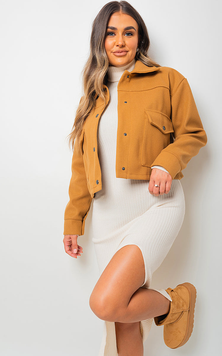 JADA Cropped Long Sleeve Collared Jacket with Pockets