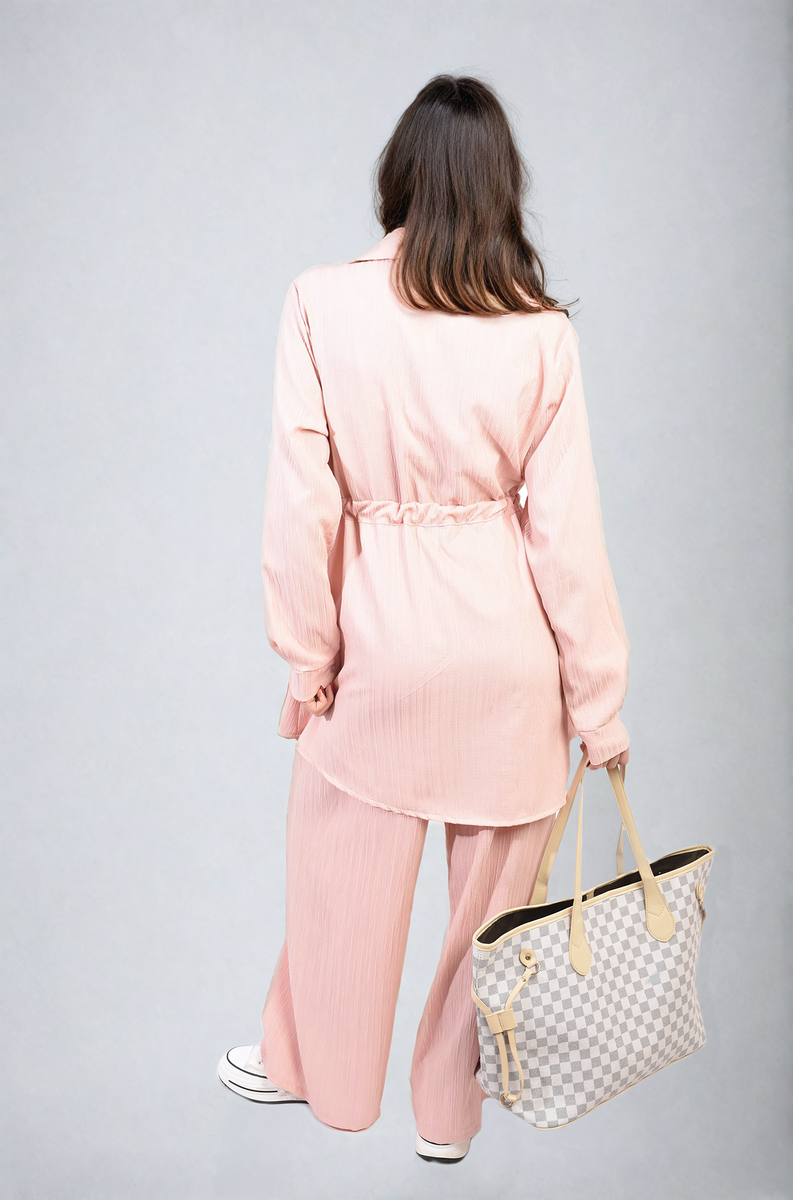 JANELLE Oversized Long Sleeve Belted Button Down Top and Trouser Co-ord Set