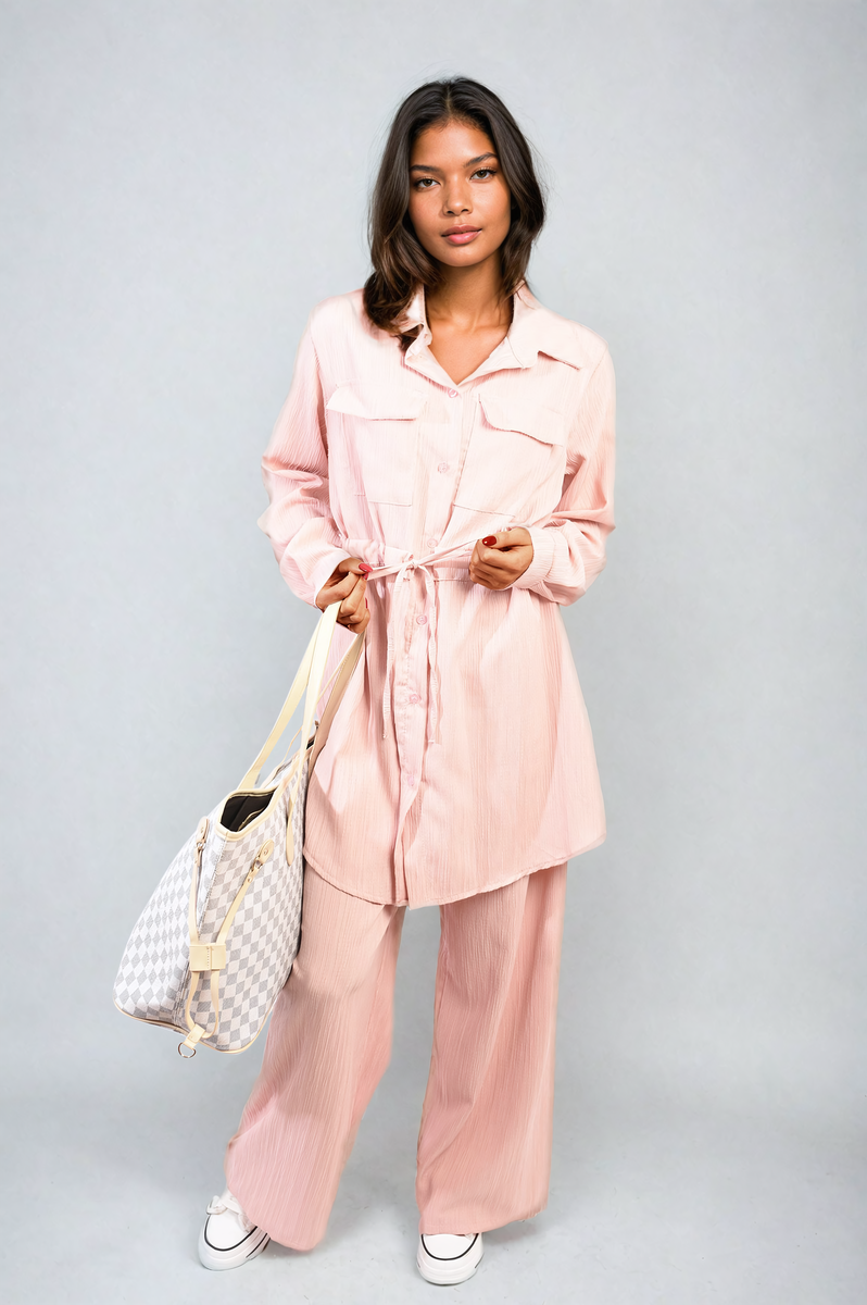 JANELLE Oversized Long Sleeve Belted Button Down Top and Trouser Co-ord Set