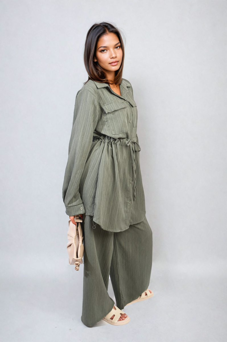 JANELLE Oversized Long Sleeve Belted Button Down Top and Trouser Co-ord Set