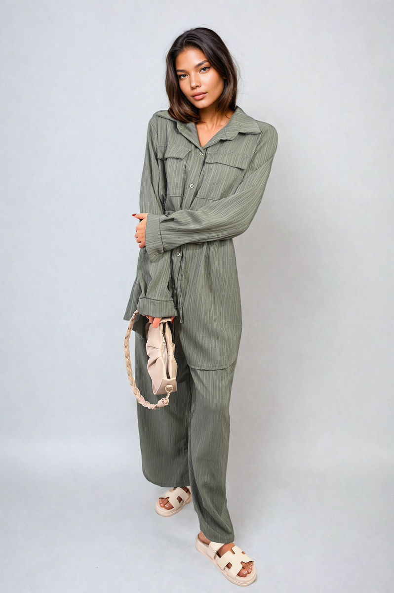 JANELLE Oversized Long Sleeve Belted Button Down Top and Trouser Co-ord Set