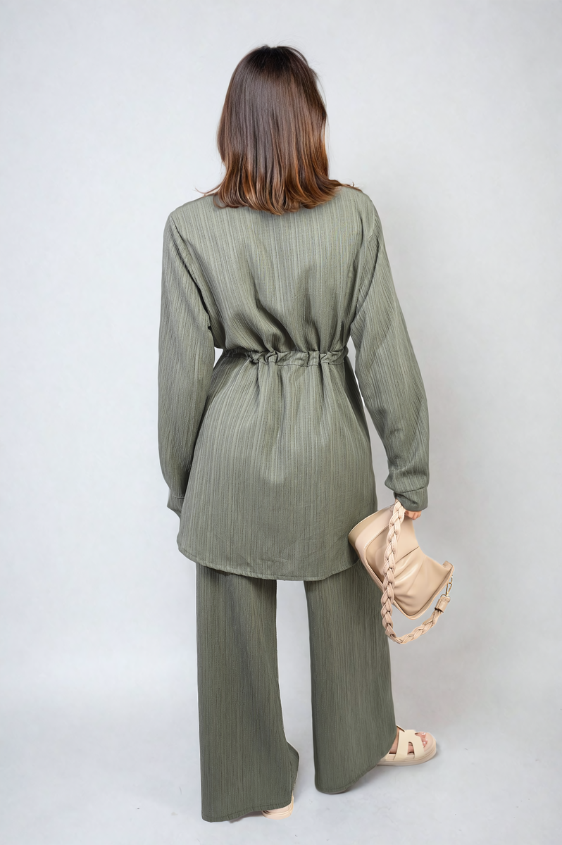 JANELLE Oversized Long Sleeve Belted Button Down Top and Trouser Co-ord Set