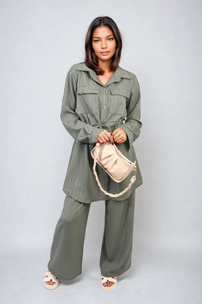 JANELLE Oversized Long Sleeve Belted Button Down Top and Trouser Co-ord Set