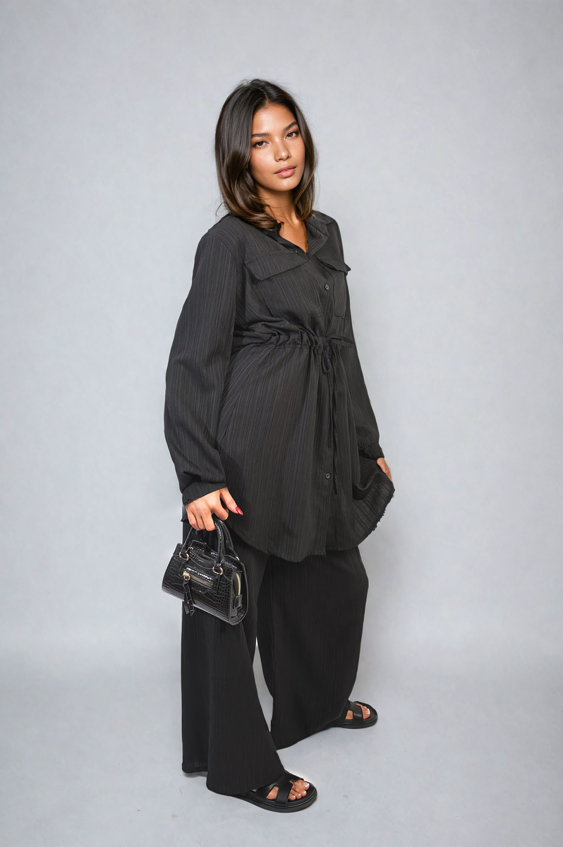 JANELLE Oversized Long Sleeve Belted Button Down Top and Trouser Co-ord Set