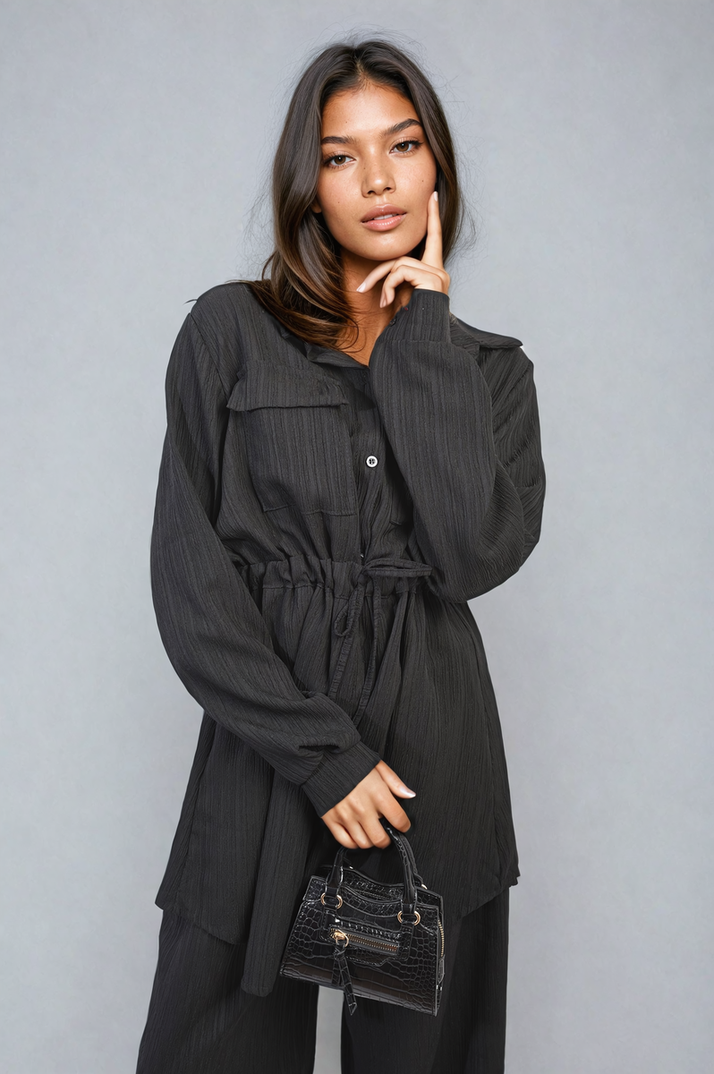 JANELLE Oversized Long Sleeve Belted Button Down Top and Trouser Co-ord Set