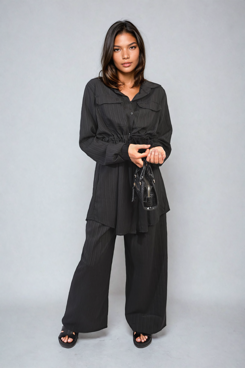 JANELLE Oversized Long Sleeve Belted Button Down Top and Trouser Co-ord Set