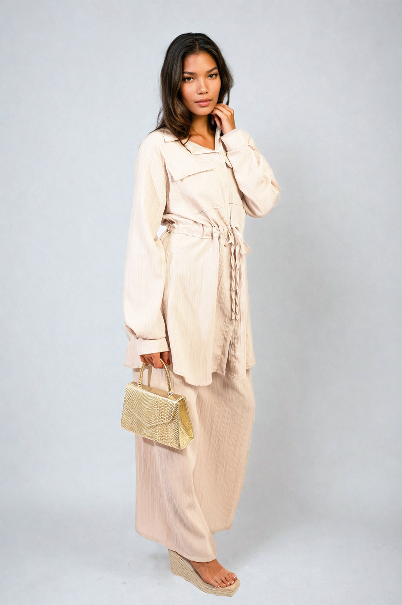 JANELLE Oversized Long Sleeve Belted Button Down Top and Trouser Co-ord Set