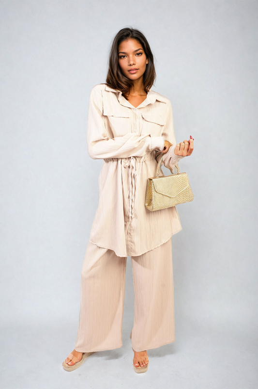 JANELLE Oversized Long Sleeve Belted Button Down Top and Trouser Co-ord Set