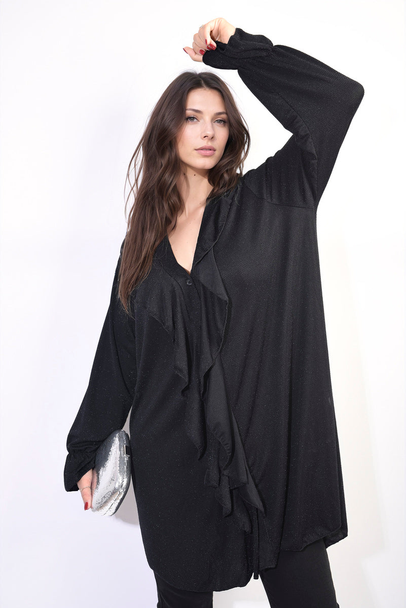 JASMINE Oversized Satin Ruffle Shirt Dress