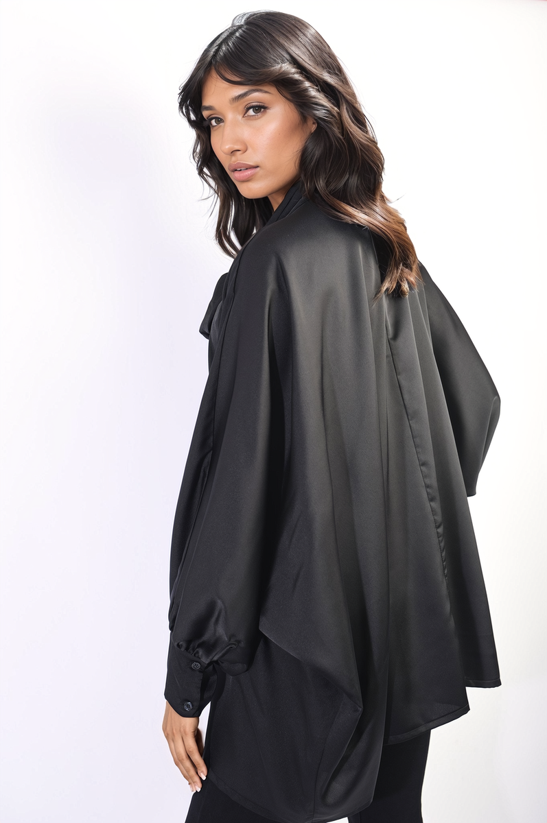 JAYDA Oversized Silky Satin Long Sleeve Bow Tie Neck Top