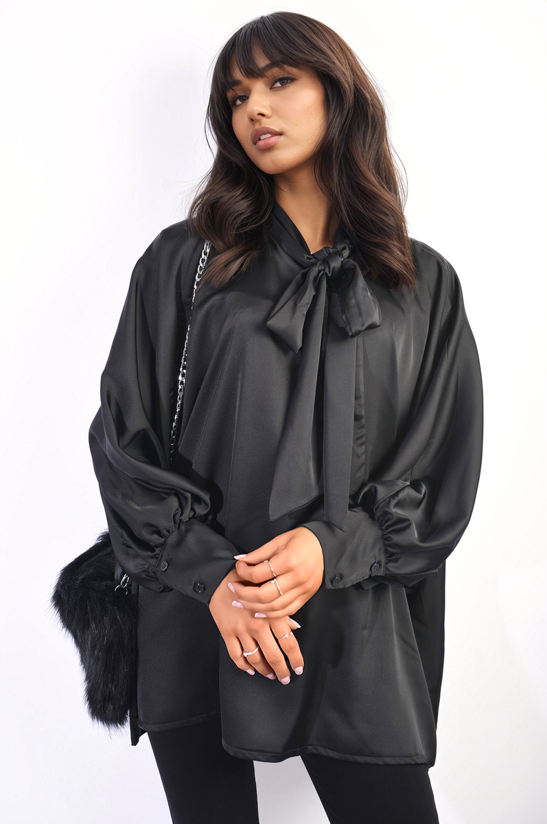 JAYDA Oversized Silky Satin Long Sleeve Bow Tie Neck Top