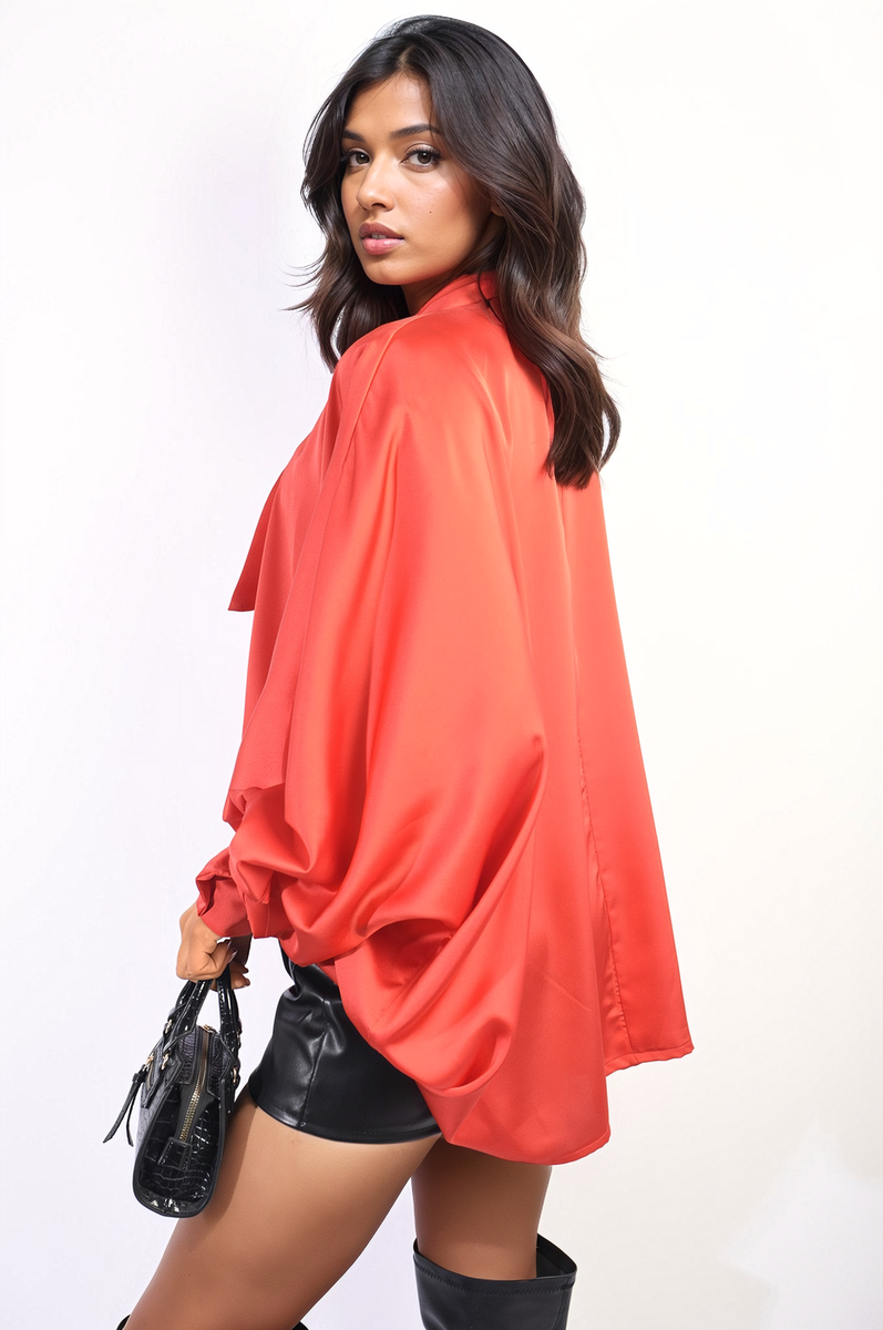 JAYDA Oversized Silky Satin Long Sleeve Bow Tie Neck Top