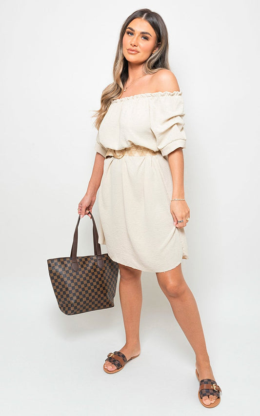 JESSICA Off Shoulder Belted Mini Dress