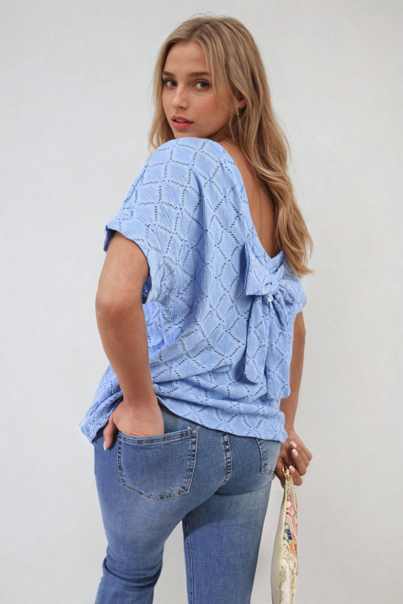 JIMENA Bow Back Eyelet Details Short Sleeve Oversized Top