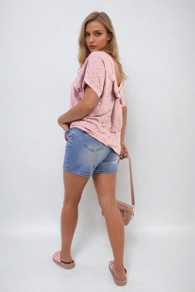 JIMENA Bow Back Eyelet Details Short Sleeve Oversized Top