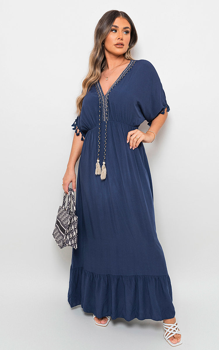 JOANNA V-Neck Rope Tassel Detail Maxi Dress