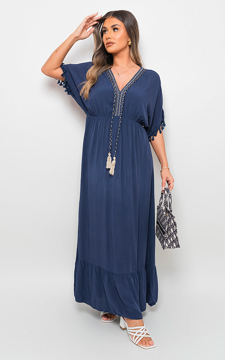 JOANNA V-Neck Rope Tassel Detail Maxi Dress