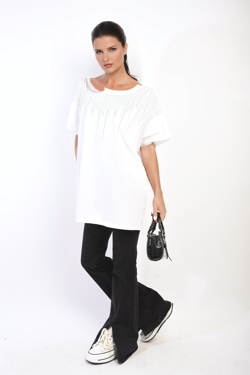 JULIANA Embellished Neckline Short Sleeve Top