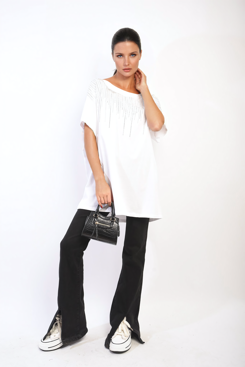 JULIANA Embellished Neckline Short Sleeve Top