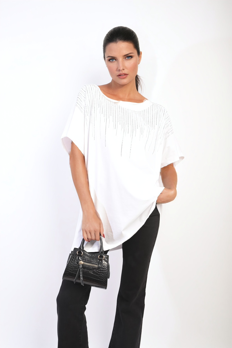 JULIANA Embellished Neckline Short Sleeve Top