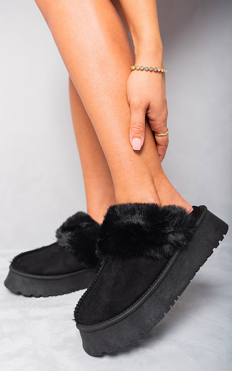 KELLY Faux Fur Trim Whisp Chunky Platform Slippers