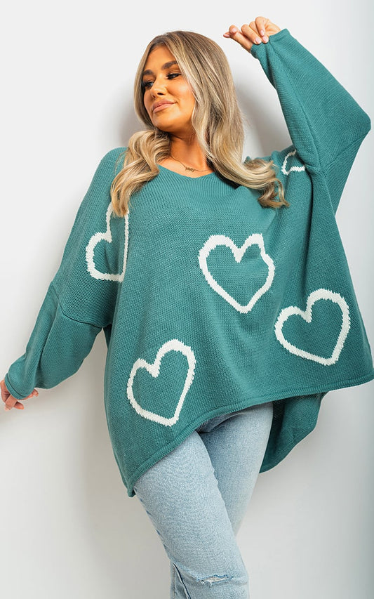 LAILAH Knitted Oversized Heart Prints Jumper