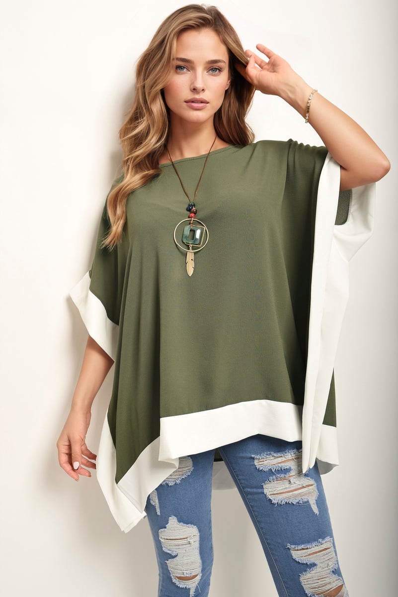 LAURA Oversized Contrast Hem Flare Sleeve Top