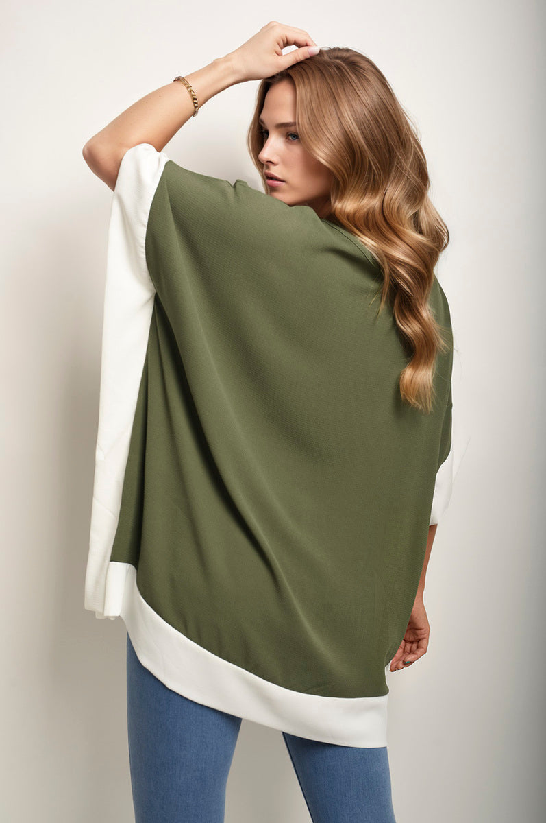 LAURA Oversized Contrast Hem Flare Sleeve Top