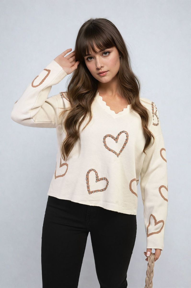 LAURA V-neck Stone Long Sleeve Knitted Jumper